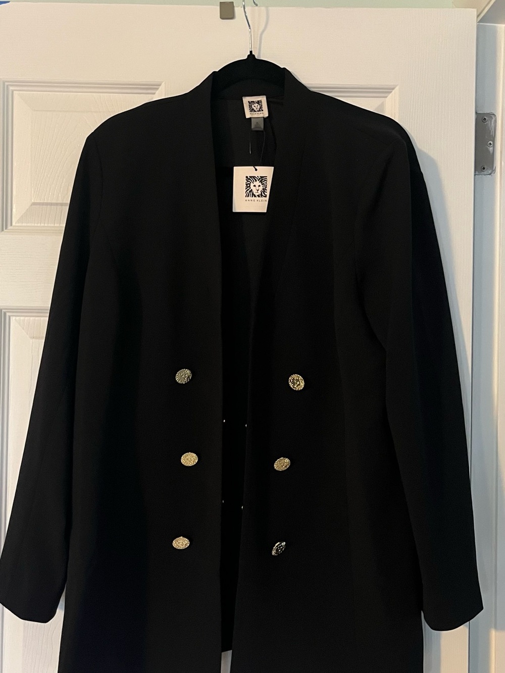Anne Klein Black Long Double-Breasted Blazer with Gold Buttons